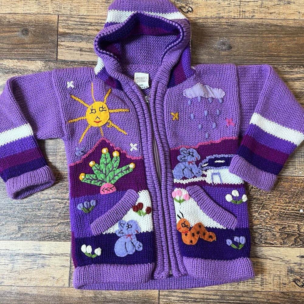 Handmade Peruvian Knit Sweater Girls 2T Embroidered Sun Animals Hooded Zip Up